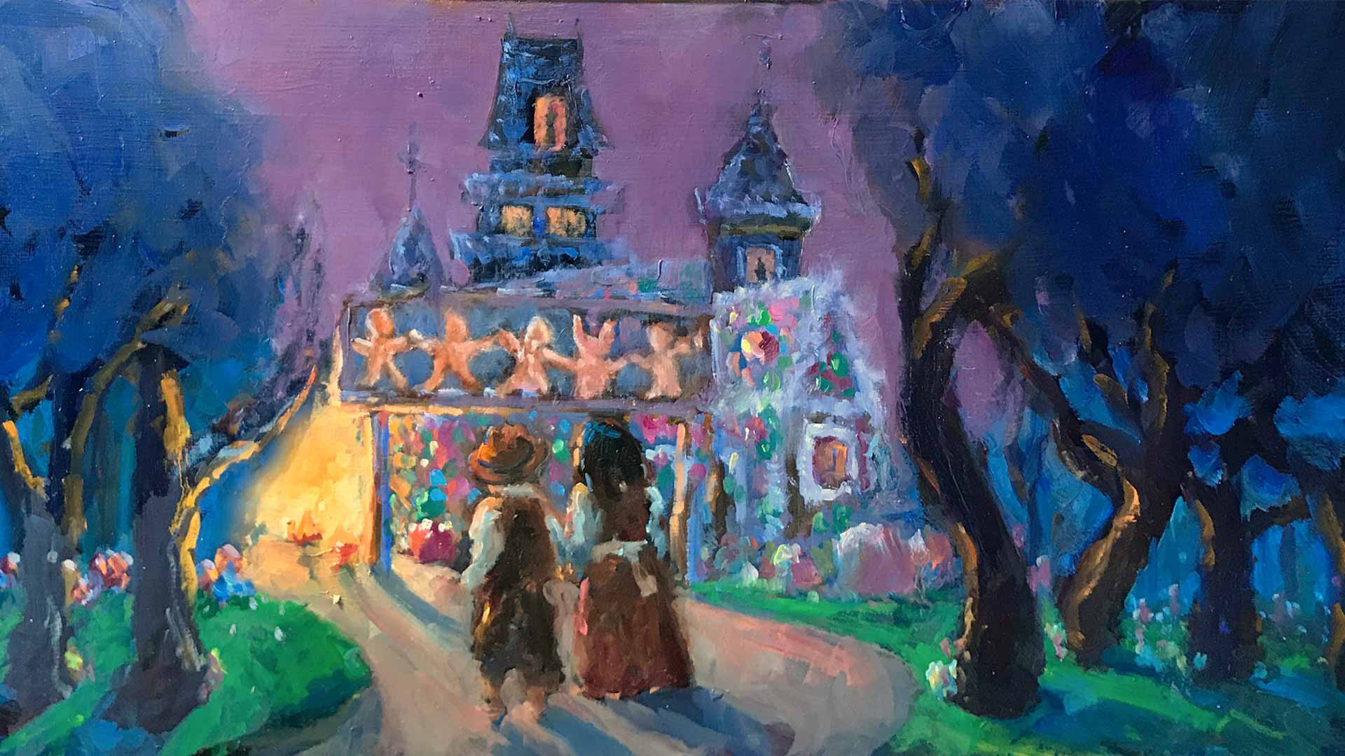 Hansel_and_Gretel-FB-Event oil painting of boy and girl on a dark forest path looking towarda house glowing with firelight and covered in candy.